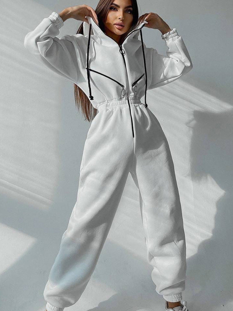 Damen Taillierter Kapuzen-Sweat-Jumpsuit mit Reißverschluss und elastischem Taillenbund Drune