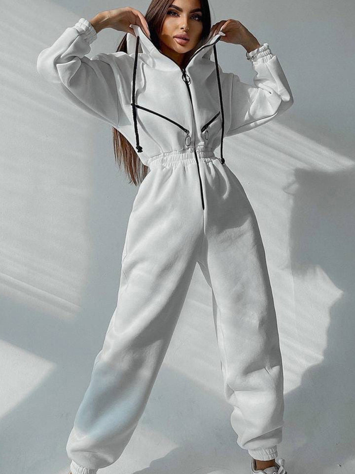 Damen Taillierter Kapuzen-Sweat-Jumpsuit mit Reißverschluss und elastischem Taillenbund Drune