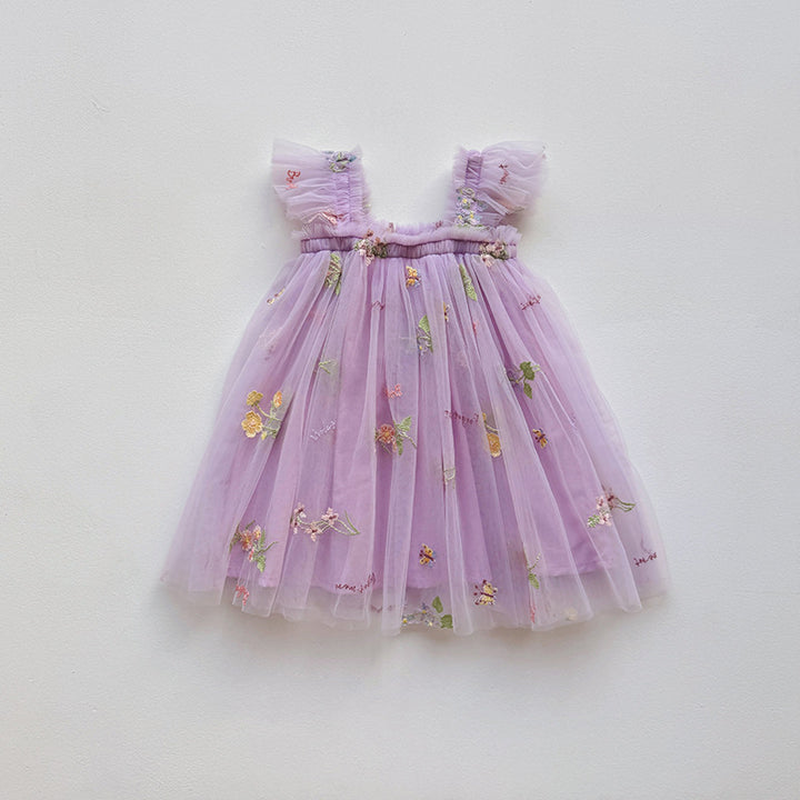 Mädchen Besticktes Tüll Partykleid mit Rüscheträgern Drune