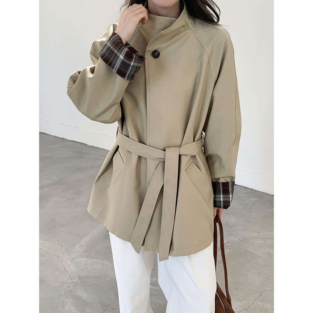 Damen Oversize Trenchcoat mit Taillengürtel und karierter Ärmelaufschlag Drune