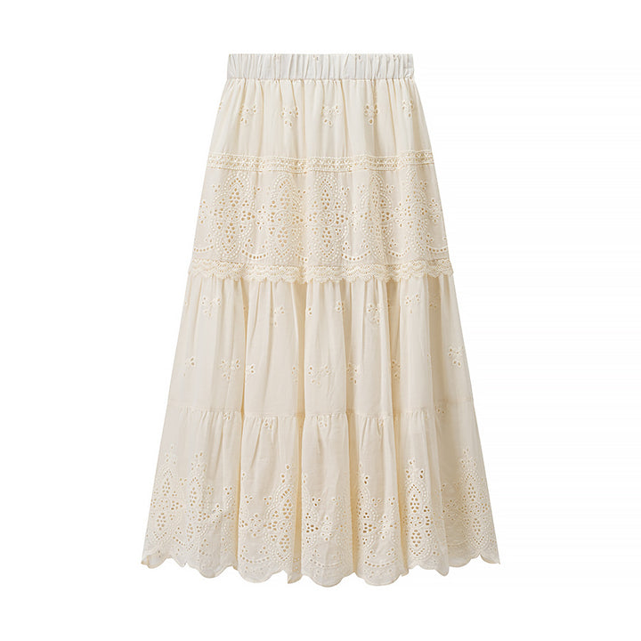 Damen Boho‑Maxikleid mit Stickereien, Spitzenbesatz, elastischer Taille und Hemdkragen Drune