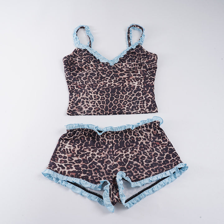 Damen Schlafanzug-Set mit Leopardenmuster und Rüschendetails Drune