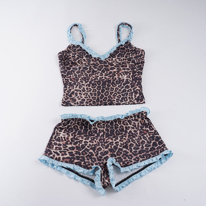 Damen Schlafanzug-Set mit Leopardenmuster und Rüschendetails Drune