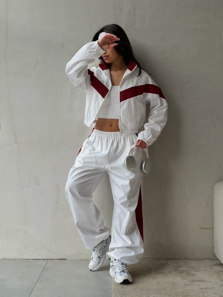 Damen Zweiteiliges Track-Set mit Cropped-Windjacke und weitem Jogger Drune