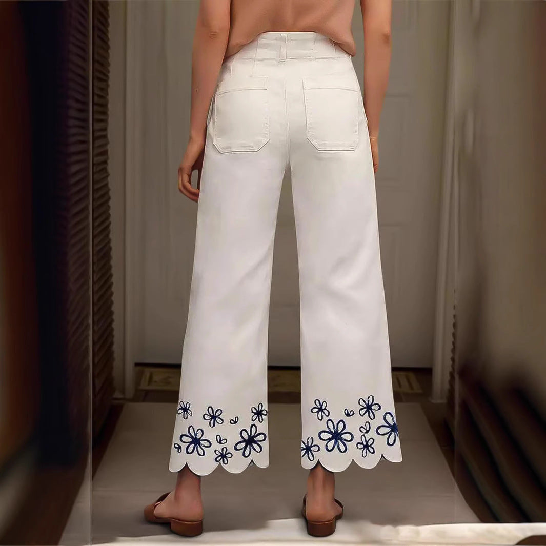 Damen Weite Culotte-Jeans mit gesticktem Blumenmuster Drune