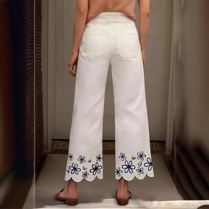Damen Weite Culotte-Jeans mit gesticktem Blumenmuster Drune