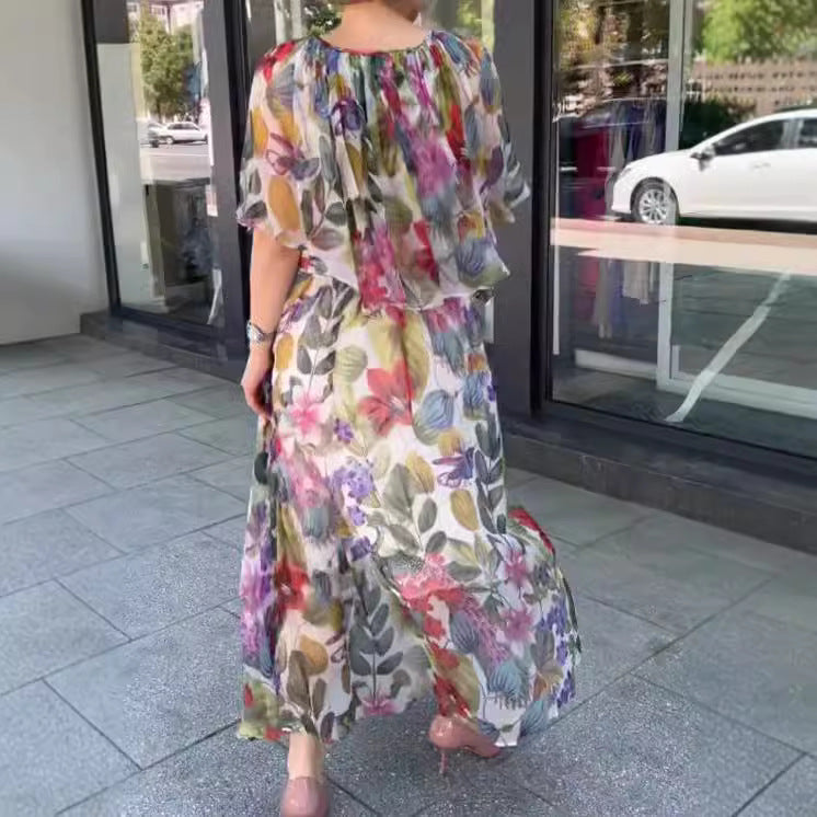 Damen nan luftiges Chiffon-Maxikleid mit floralem Print, gerafftem Rundhalsausschnitt und elastischem Taillenband Drune