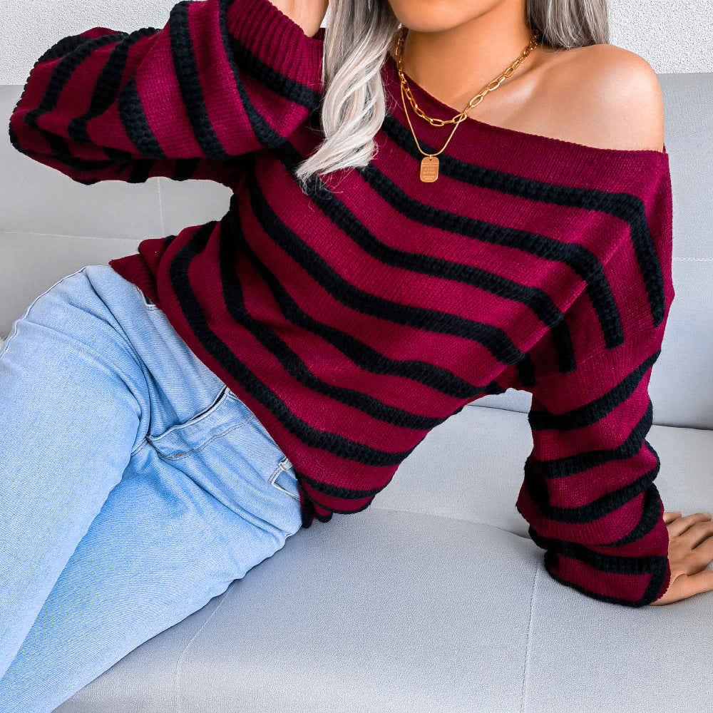 Damen Off-Shoulder Streifenpullover mit lässigem Schnitt Drune