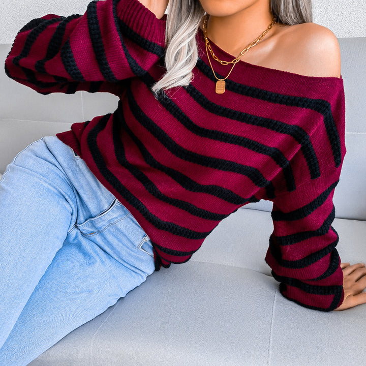 Damen Off-Shoulder Streifenpullover mit lässigem Schnitt Drune