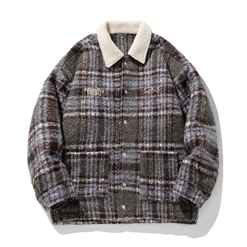 Unisex Kuschelige Teddy-Fleece-Hemdjacke im Karodesign mit Druckknopfleiste und aufgesetzten Taschen Drune