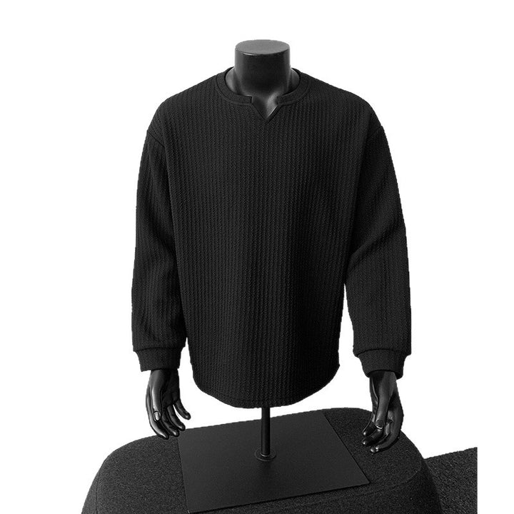 Herren nan grobstrukturierter Strickpullover mit V-förmigem Schlitzkragen und gerundetem Saum Drune
