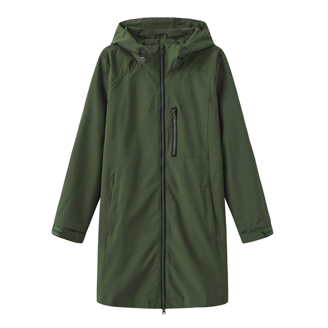 Damen nan lange schlanke Funktionsregenjacke mit durchgehendem Reißverschluss Brustreißverschlusstasche und Klettmanschetten Drune