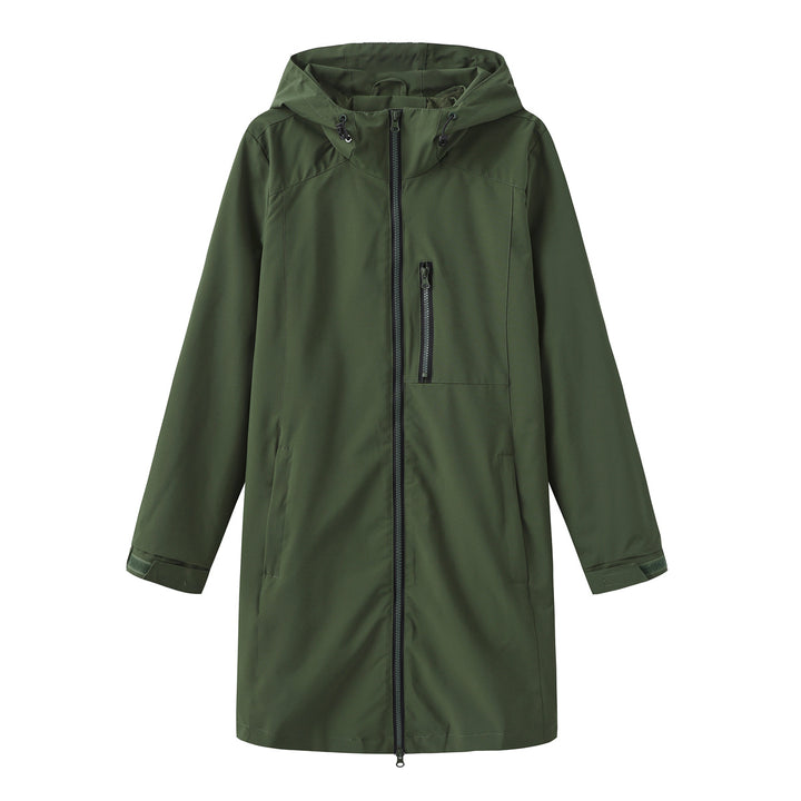 Damen nan lange schlanke Funktionsregenjacke mit durchgehendem Reißverschluss Brustreißverschlusstasche und Klettmanschetten Drune