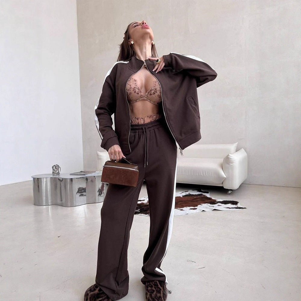 Damen weites Zip-Sweatset mit Kapuze, hohen Bund und seitlichem Kontraststreifen Drune