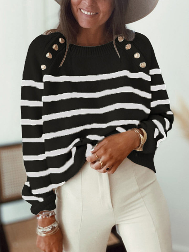 Damen lässiger Strickpullover mit modernen Streifen und dekorativen Knopfdetails Drune