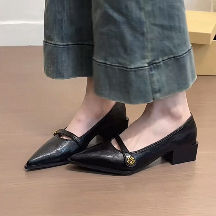 Damen Bequeme spitz zulaufende Ballerinas mit dekorativem Riemchen und Blockabsatz Drune