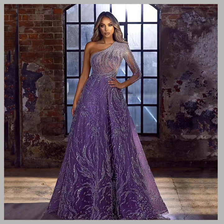 Damen Maxikleid mit asymmetrischem Oberteil und funkelnden Paillettenverzierungen Drune
