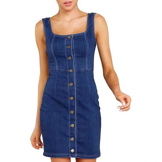 Damen Enganliegendes Jeanskleid mit durchgehender Knopfleiste und quadratischem Ausschnitt Drune
