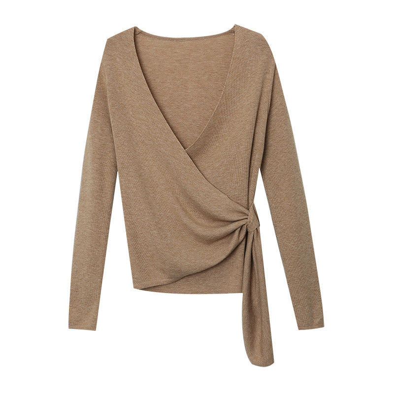 Damen Wickelpullover aus weichem Strick mit V-Ausschnitt und dekorativem Bindeband Drune