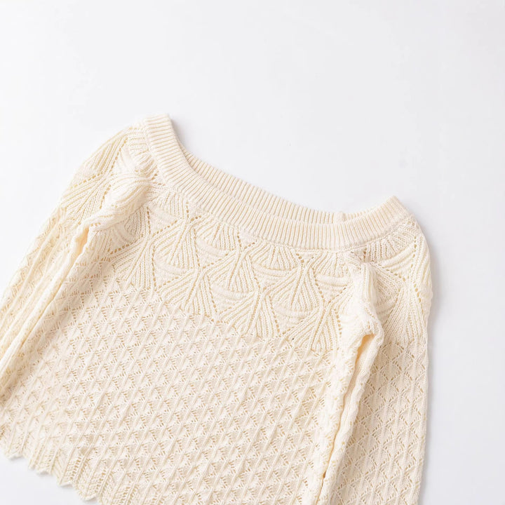 Damen nan gehäkelter Kurzpullover mit weitem Boot-Ausschnitt, feinem Lochstrickmuster und elastischem Bündchen Drune