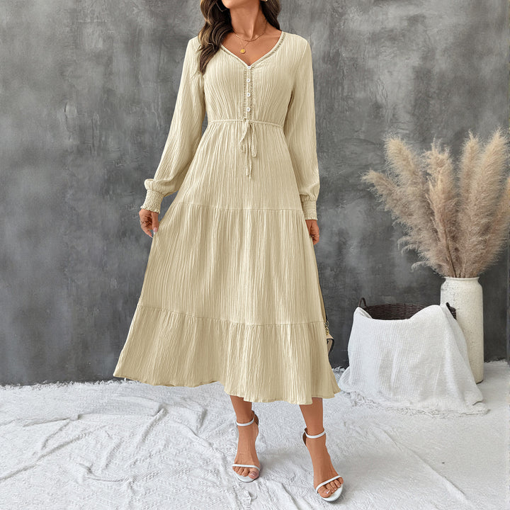 Damen Crinkle-Midikleid mit V-Ausschnitt, Knopfleiste, tailliertem Bindegürtel und Stufenrock Drune