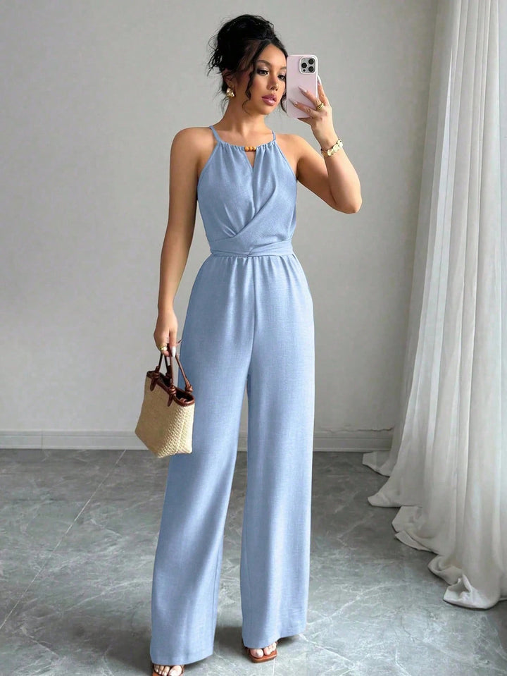 Damen Ärmelloser Neckholder-Jumpsuit mit Wickeloberteil und weitem Bein Drune