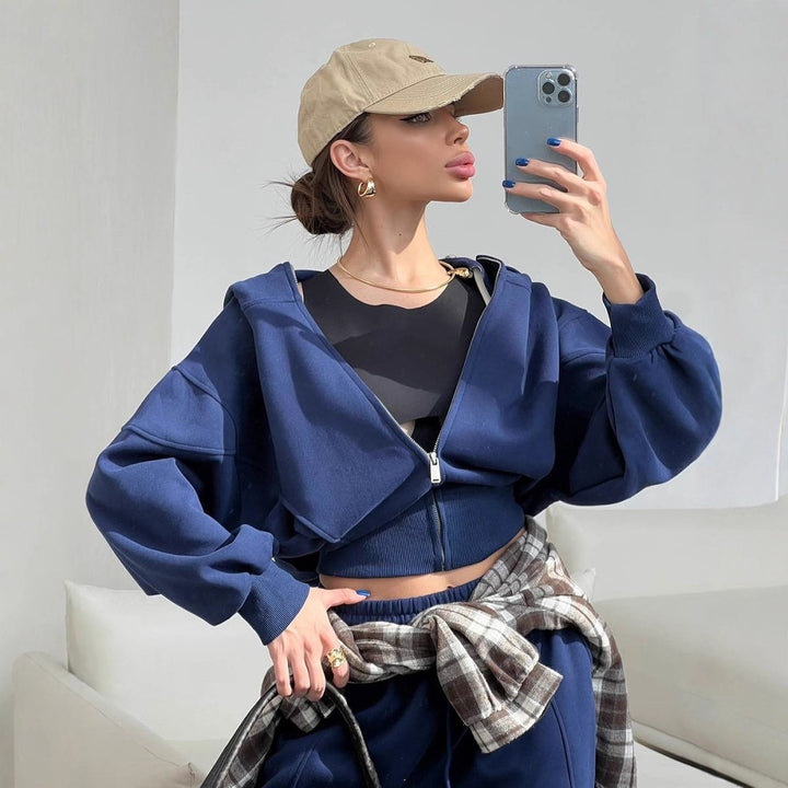 Damen kurzes Kapuzen-Sweatjacke mit Balloonärmeln und elastischer High-Waist Palazzo-Freizeithose Drune