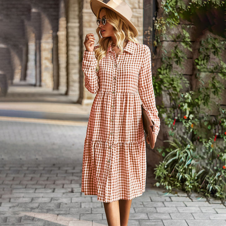 Damen karierte Midi-Bluse mit Knopfleiste und ausgestelltem Rock Drune