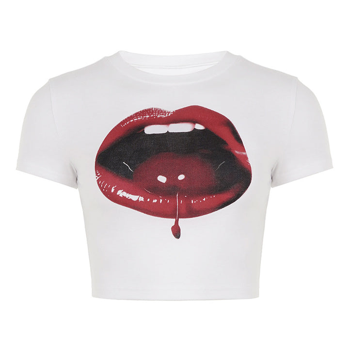 Damen cropped T-Shirt mit auffälligem Lippen-Print und modernen Schnittelementen Drune