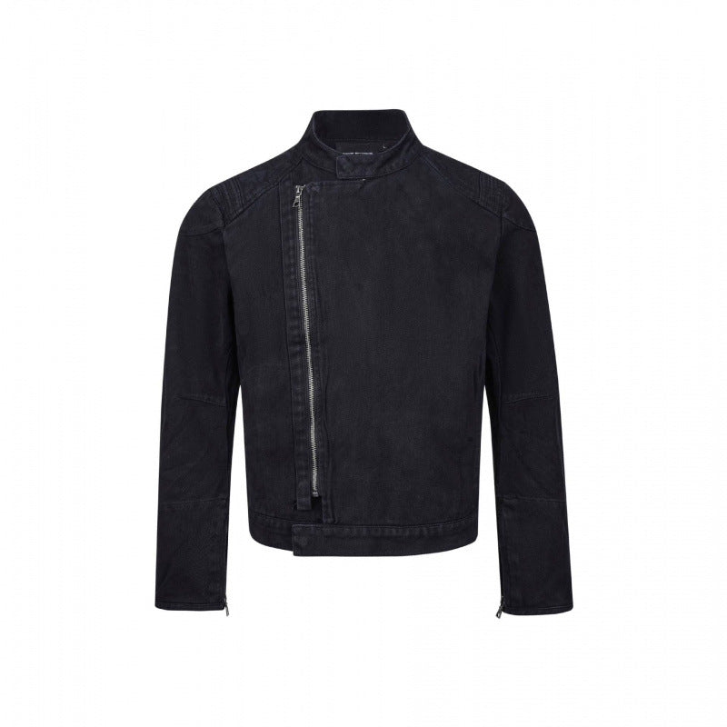 Herren Asymmetrische Kurzjacke im Biker-Stil mit Stehkragen und schrägem Metallreißverschluss Drune