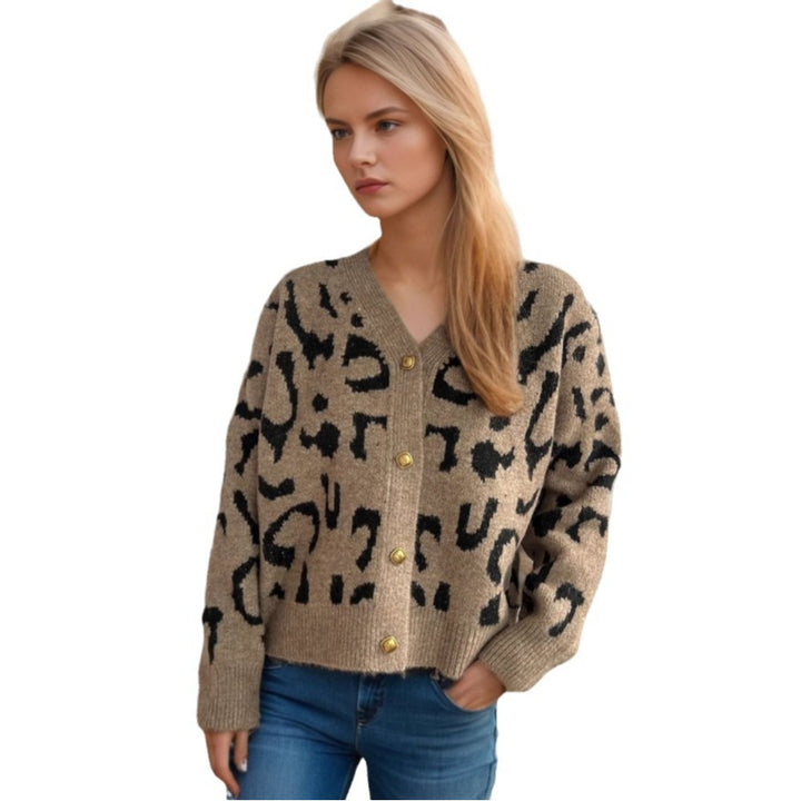 Damen modische Strickjacke mit animalischem Muster und goldenen Knöpfen Drune