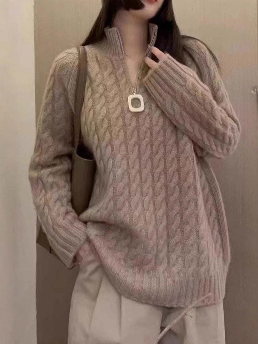 Damen Oversize Zopfmuster-Feinstrickpullover mit halbem Zipper und Stehkragen Drune