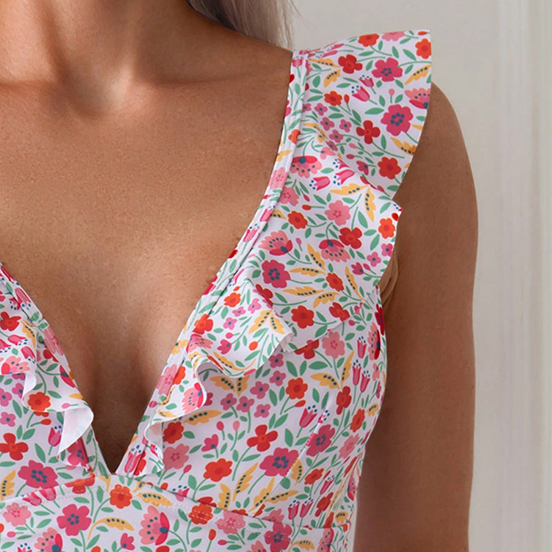 Damen Einteiler Badeanzug mit floralem Design und Rüschendetails Drune