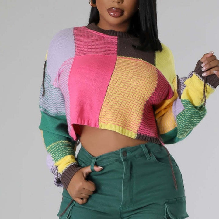 Damen modischer cropped Pulli mit buntem Patchwork-Design Drune