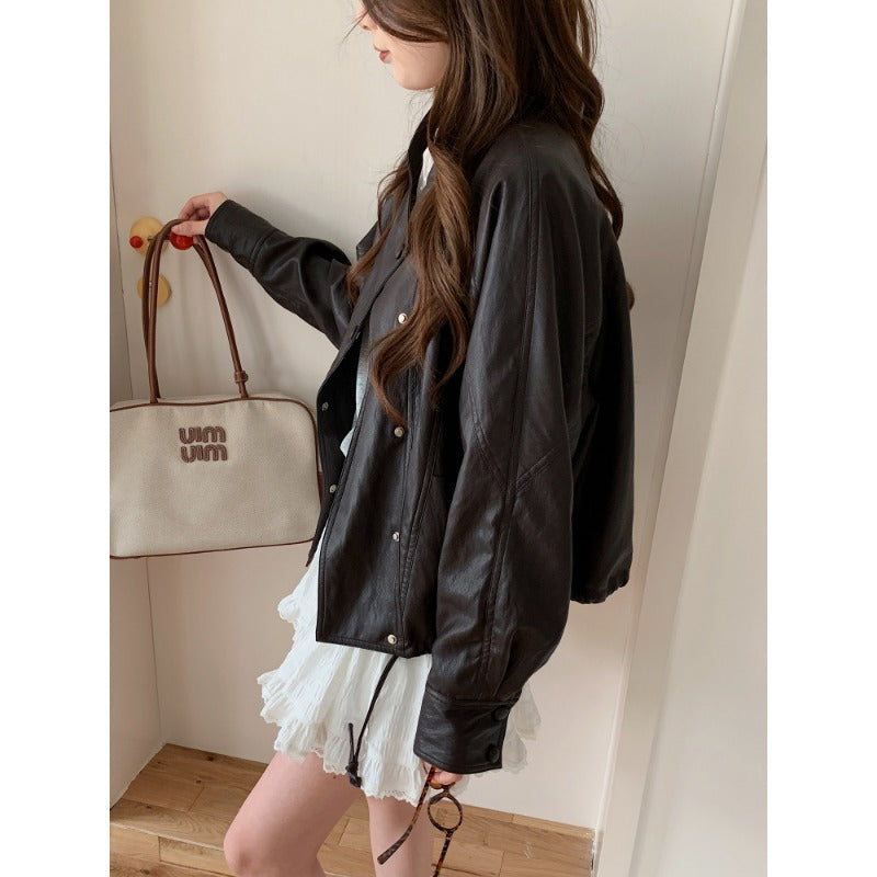 Damen Oversized Bikerjacke aus Kunstleder mit breitem Revers und voluminösen Ärmeln Drune