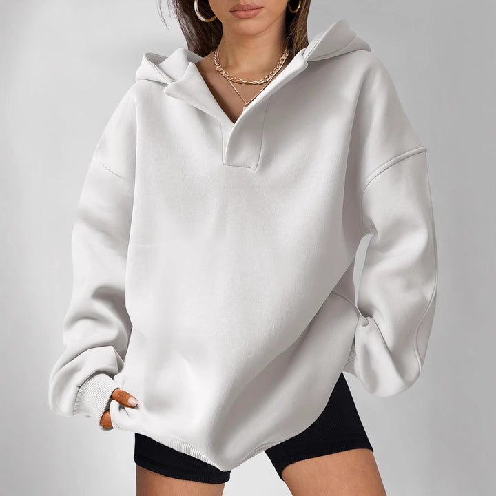 Damen Oversize-Kapuzenpullover mit V-Öffnung, tiefer Schulternaht und gerippten Bündchen Drune