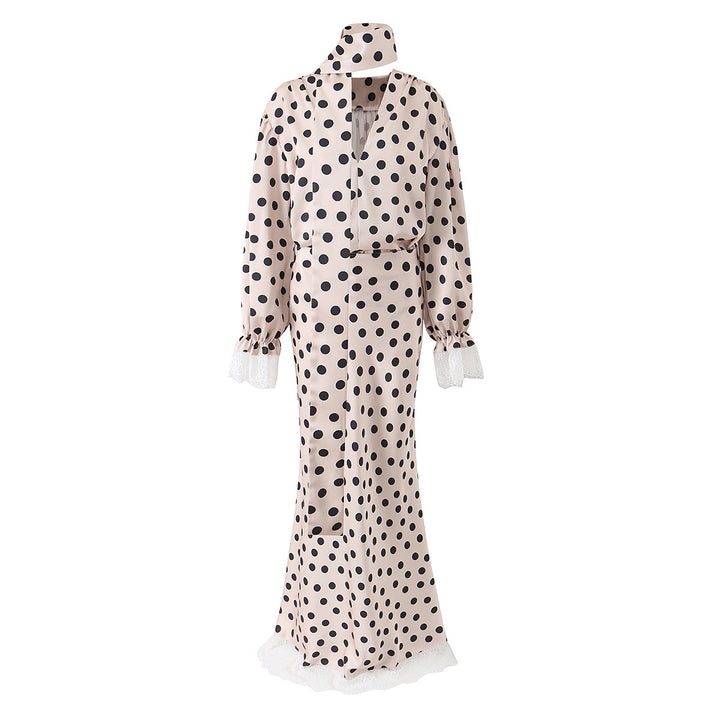 Damen Maxikleid im Retro‑Polka‑Dot‑Stil mit Spitzenbesatz und Taillengürtel Drune