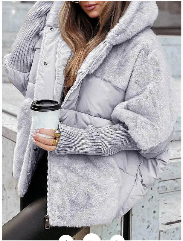 Damen nan oversized gesteppte Winterjacke mit Kunstfellpanelen, Kapuze und integrierten Rippenärmel-Details Drune