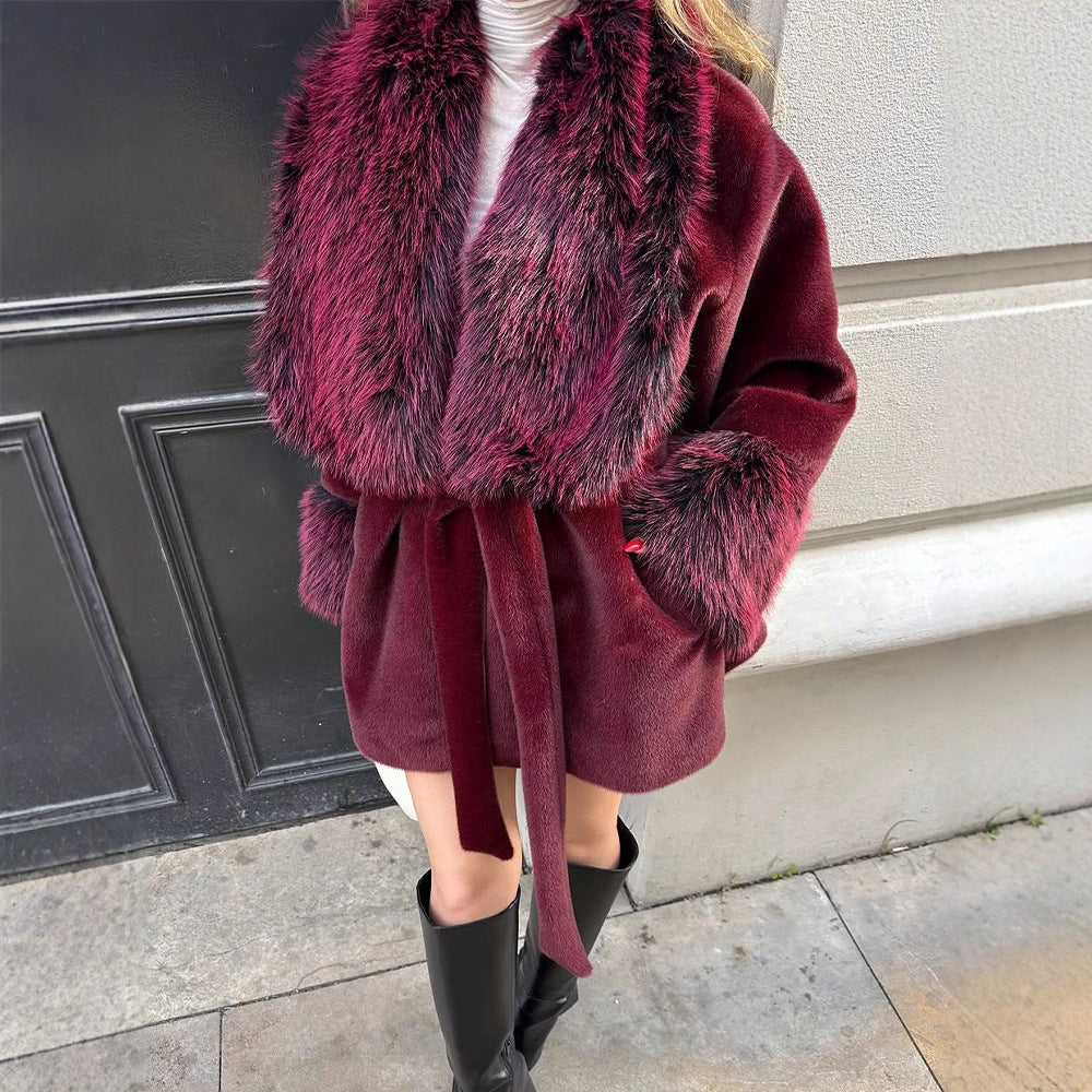 Damen Kurzer Kunstpelz-Mantel mit voluminösem Schalkragen, Taillengürtel und Fellmanschetten Drune