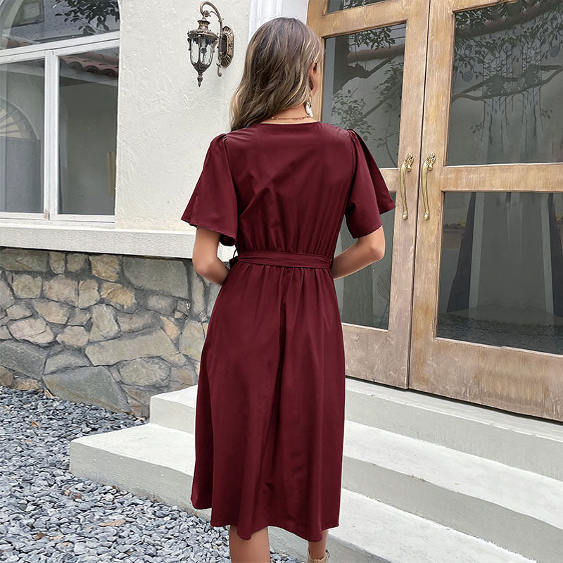 Damen Wickelkleid mit Knopfleiste und Taillengürtel Drune