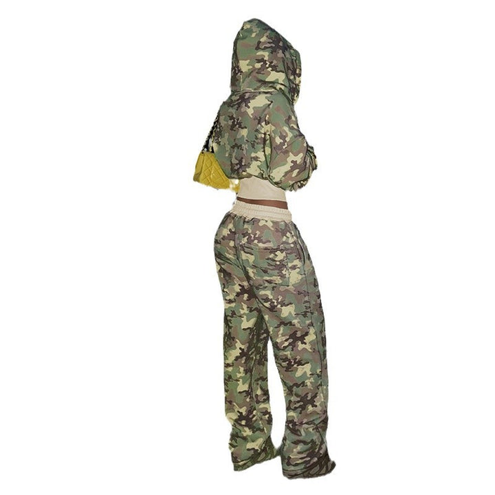 Damen nan kurz geschnittene Kapuzenjacke mit Camouflage-Muster, Frontreißverschluss, Kängurutasche und weitem Rippbund Drune