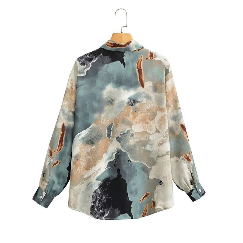 Damen Seidenoptik-Hemdbluse mit abstraktem Print und Oversize-Schnitt Drune