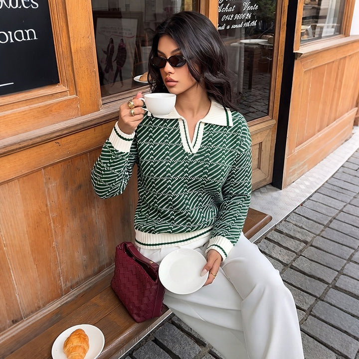 Damen Eleganter Pullover mit Polokragen und Zickzackmuster Drune