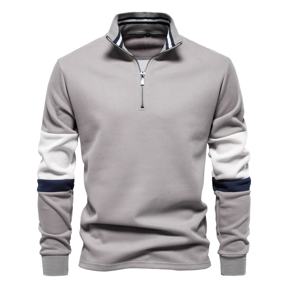 Herren nan Halbzip-Pullover mit Stehkragen, gestreiftem Krageninnenband und Kontrastärmeln Drune