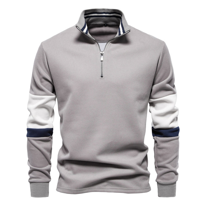 Herren nan Halbzip-Pullover mit Stehkragen, gestreiftem Krageninnenband und Kontrastärmeln Drune
