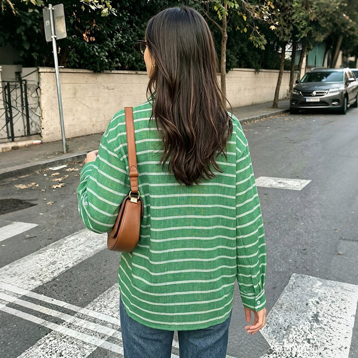 Damen Lässige Leinenoptik-Hemdbluse mit Streifen, Oversize-Schnitt und Brusttasche Drune