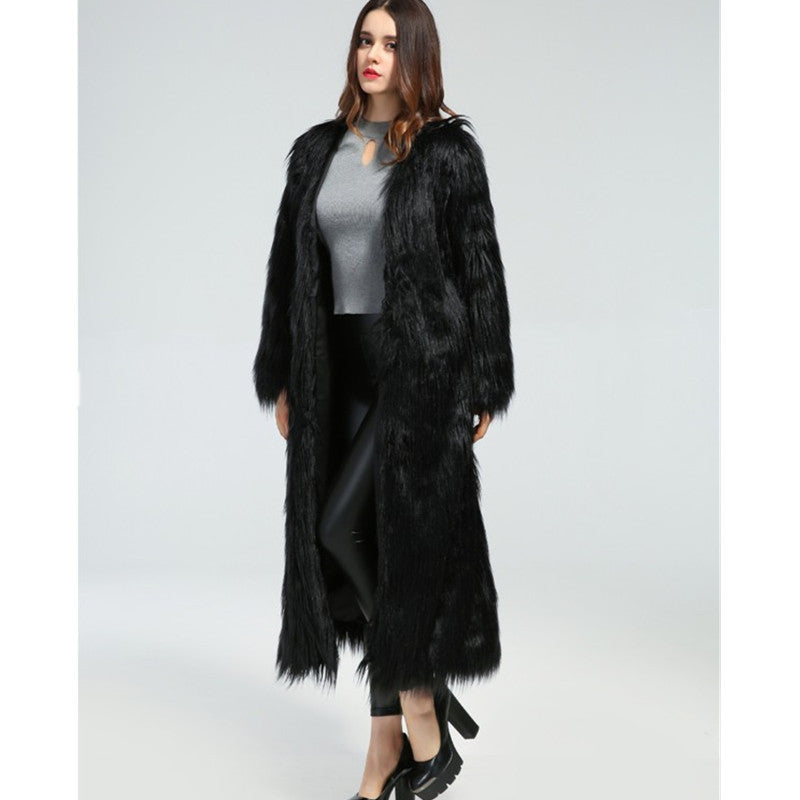 Damen extravaganter bodenlanger Hochflor-Faux-Fur-Mantel mit Schleppe und offenem Schnitt Drune