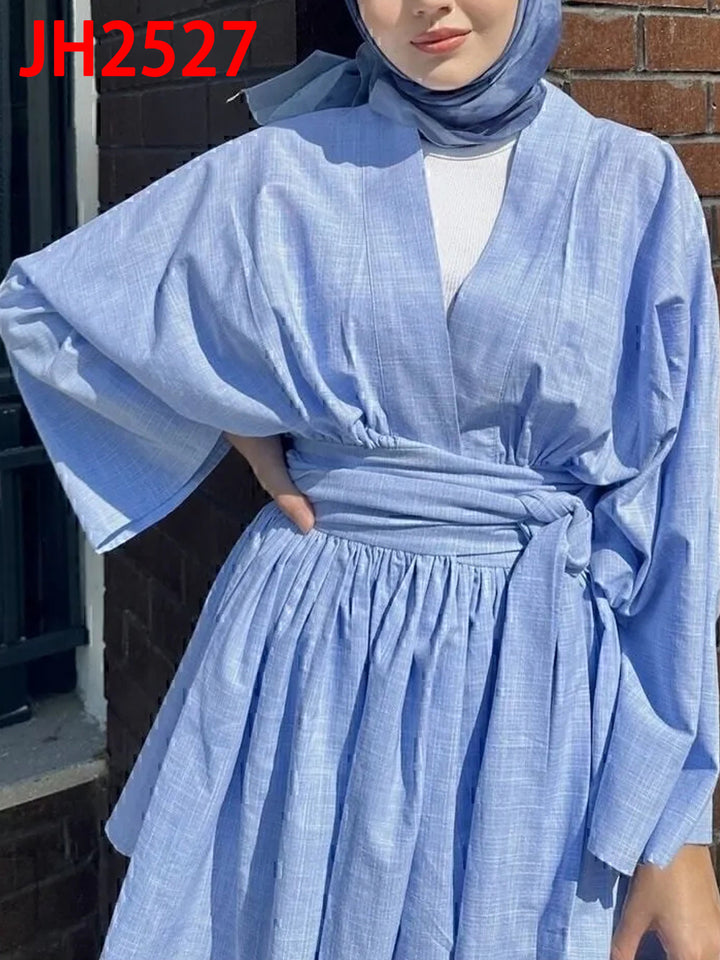 Damen Kimono-Wickelkleid in Leinenoptik mit weitem Rock und Bindegürtel Drune