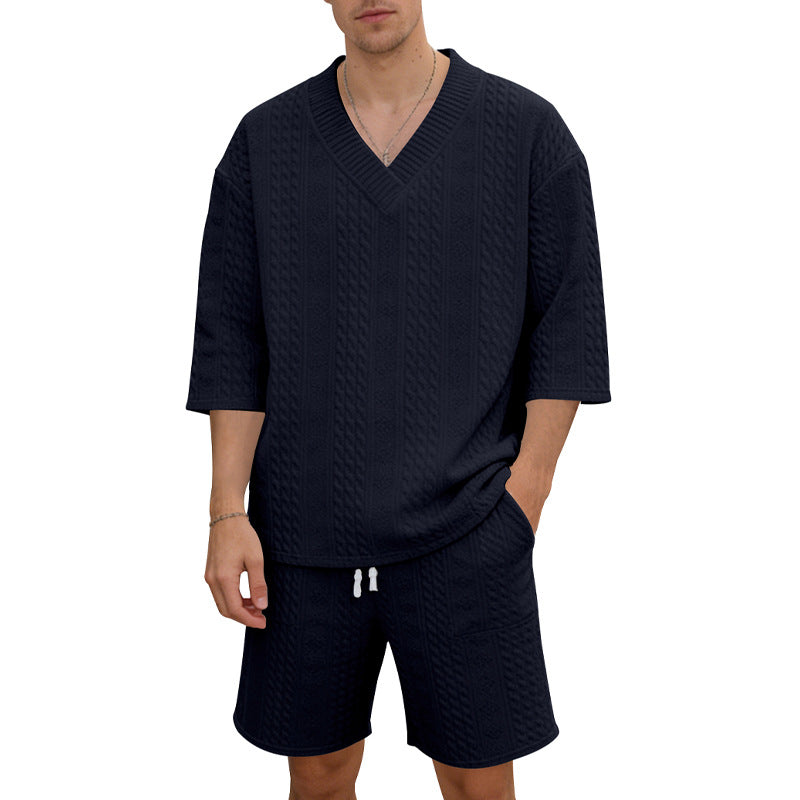 Unisex nan lässiges Lounge-Set mit V-Ausschnitt-Oberteil und Kordelbund-Shorts Drune