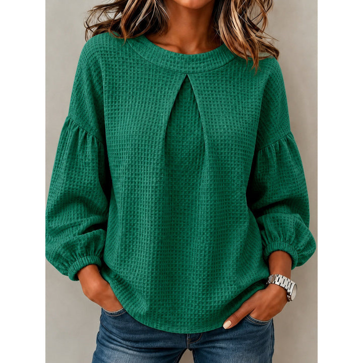 Damen Lockeres Waffelstrick-Sweatshirt mit Vorderfalte und Ballonärmeln Drune